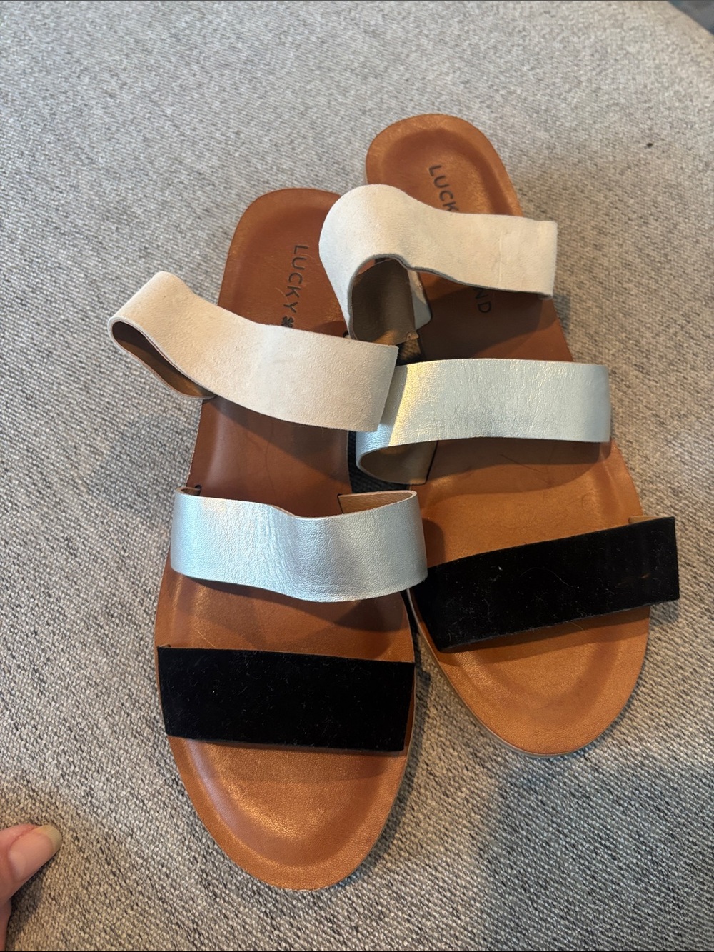 Lucky Brand Women's Triple-Strap Slide Sandals in Black, Silver, and Cream